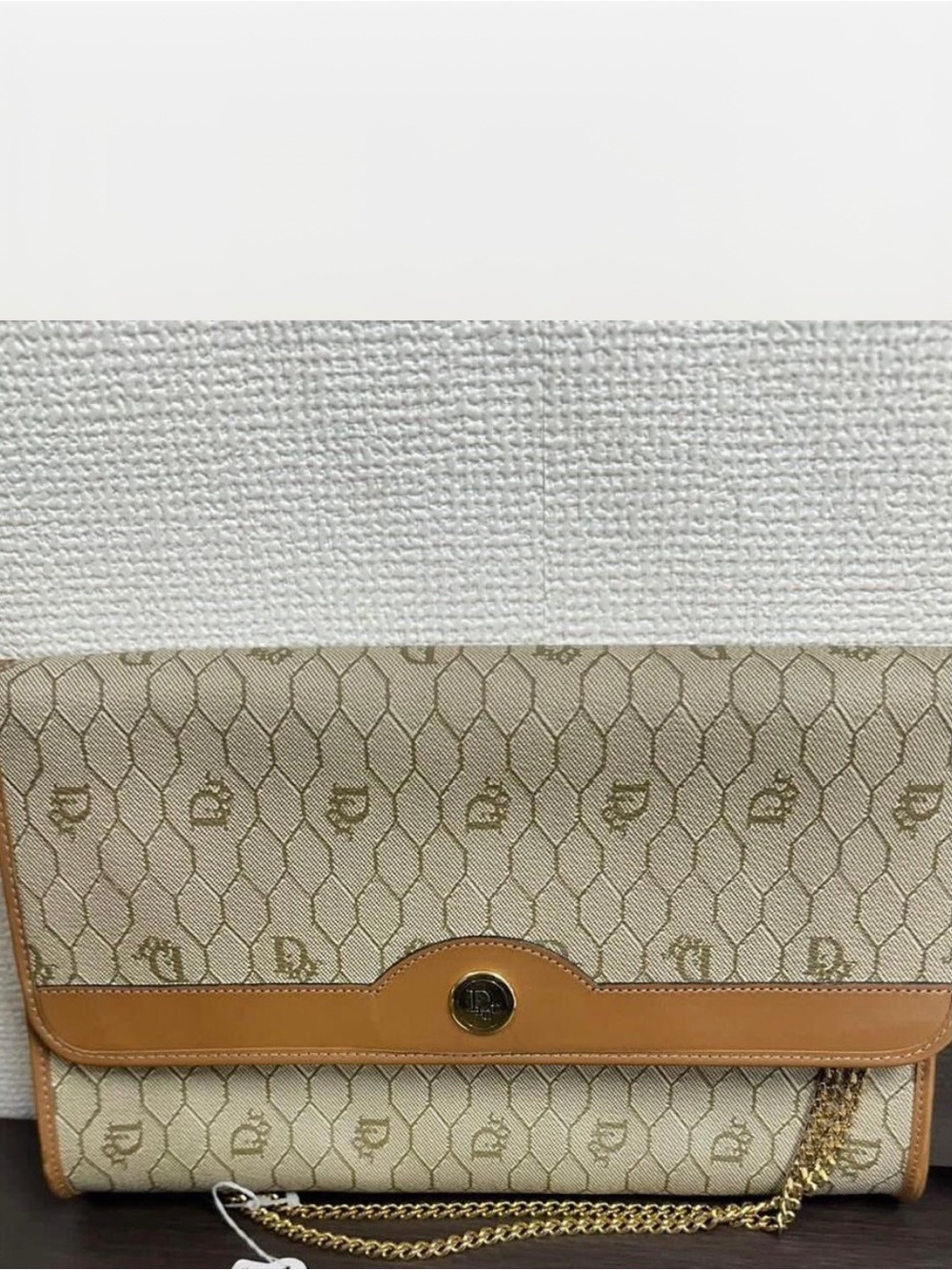 Dior Beige Monogram Canvas Clutch with Tan Leather Trim and Chain